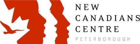 on the left, the shape of three faces' side profiles are integrated into each other, alternating red and white (2 red, middle, white), the face closest to the left has half a maple leaf integrated, and in this gap there is a bird. To the right, black text says "New Canadian's Centre Peterborough"