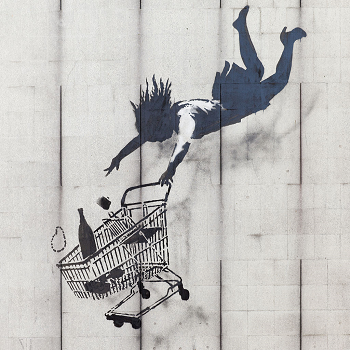 Banksy - Shop Til You Drop. Attribution: https://commons.wikimedia.org/wiki/File:Shop_Until_You_Drop_by_Banksy.JPG.