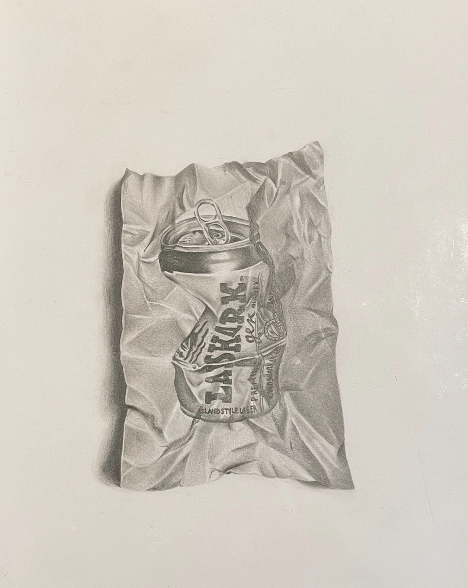 A drawing of a scrunched can on a drawing of a scrunched paper