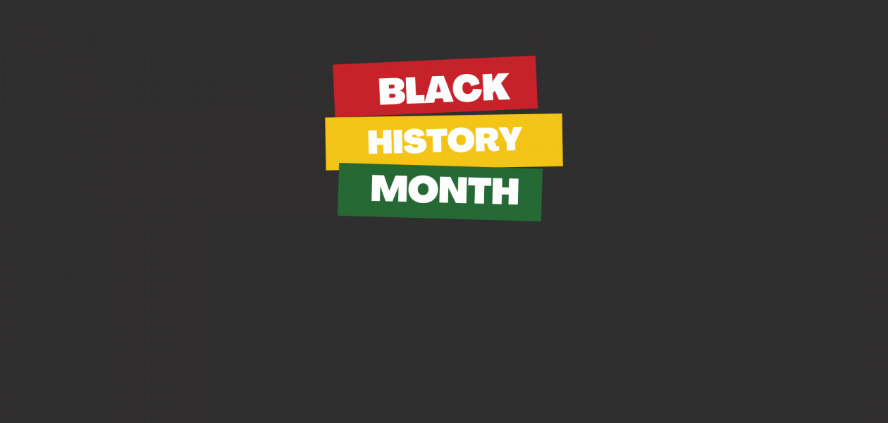 A graphic with a grey background. On three banners coloured red, yellow and green are the words Black History Month