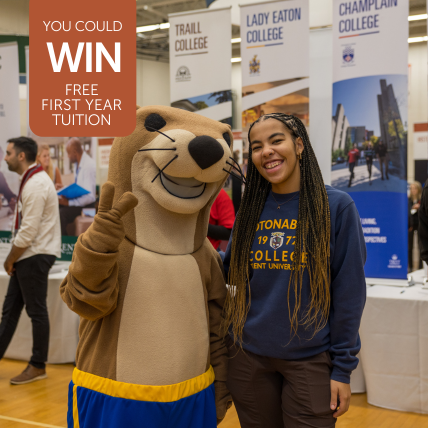 Photo of Otter Mascot with text to win free tuition by registering at open house