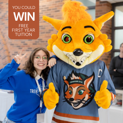 Photo of Fox Mascot with text to win free tuition by registering at open house