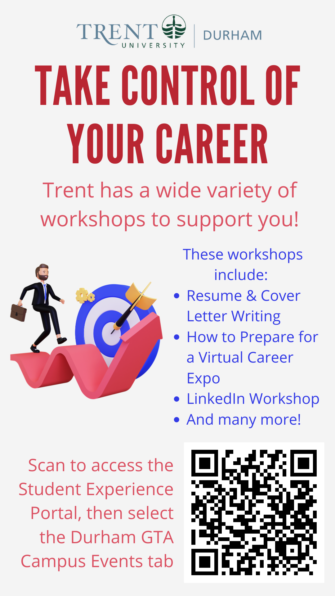 Poster describing available Career Services workshops: Resume and Cover Letter Writing, How to Prepare for a Virtual Career Expo, LinkedIn Workshop, and more.