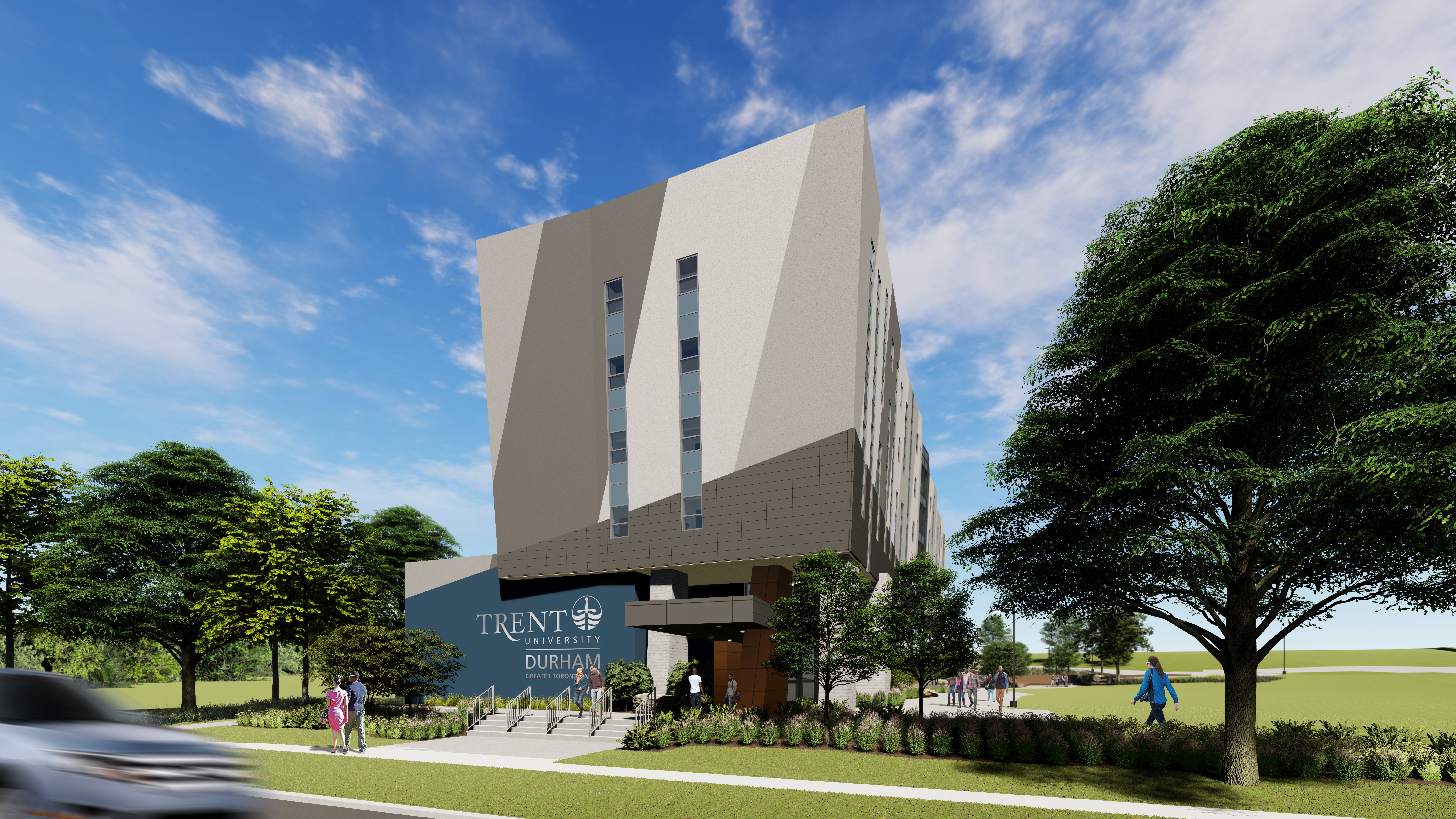 Architect rendering of West view of the Trent University Durham GTA expansion.