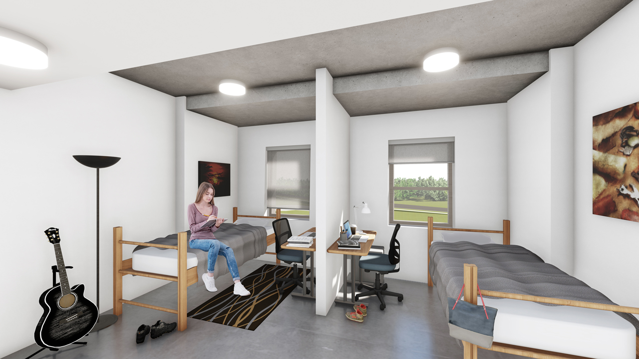 Architect rendering of a double room at the Trent University Durham GTA expansion.