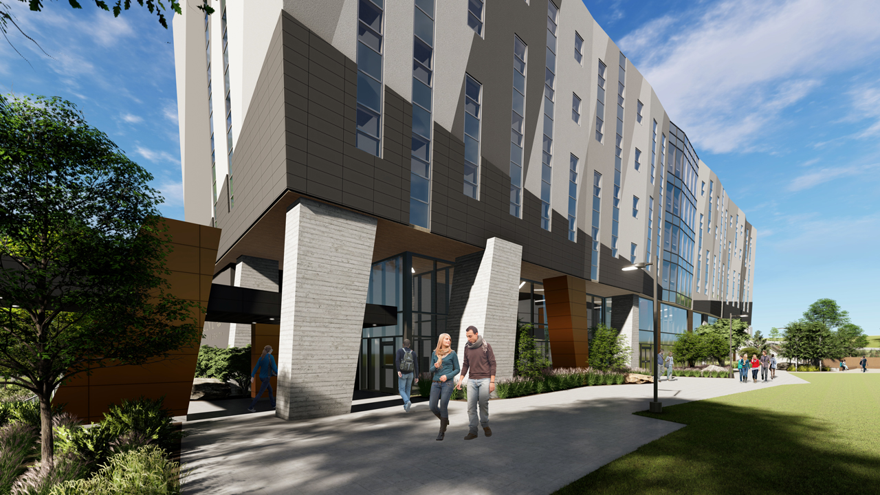 Architect rendering of the path view of the Trent University Durham GTA expansion.