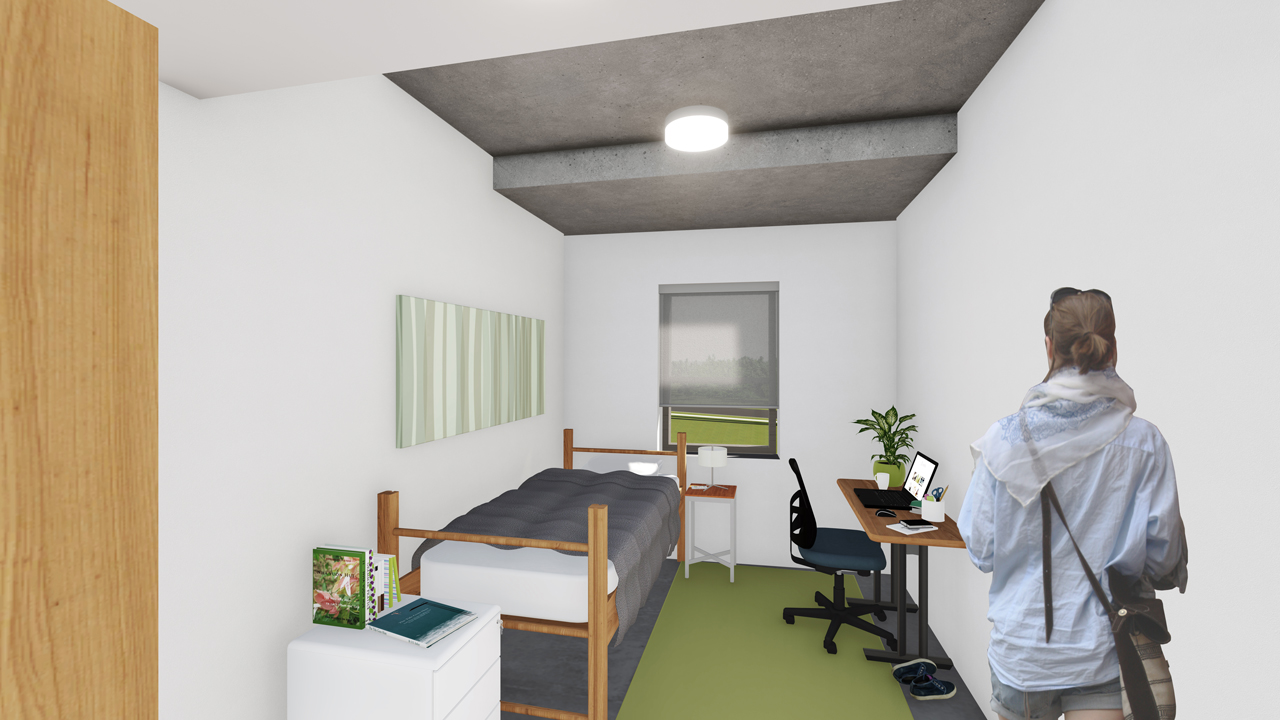Architect rendering of a single room of the Trent University Durham GTA expansion. 