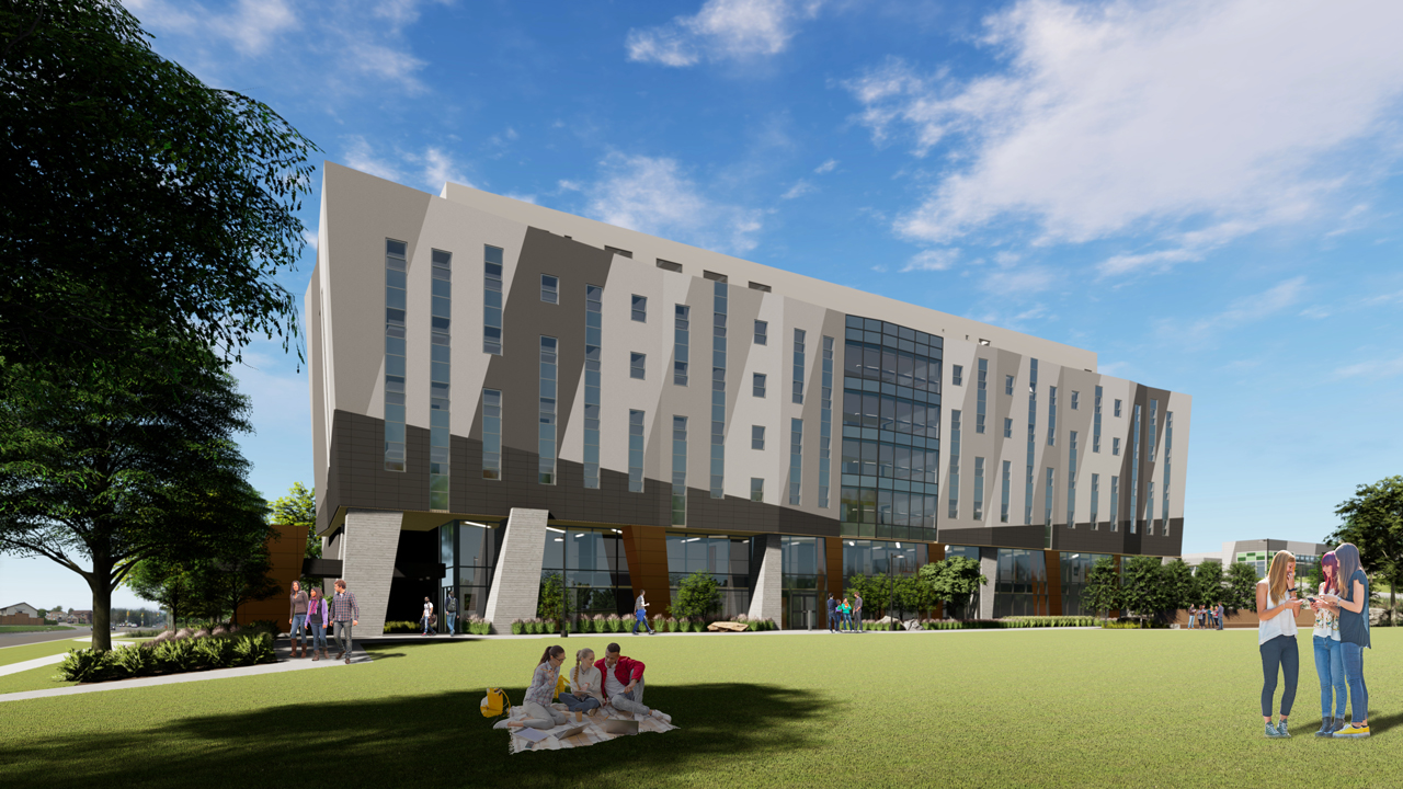 Architect rendering of the south-west view of the Trent University Durham GTA expansion.