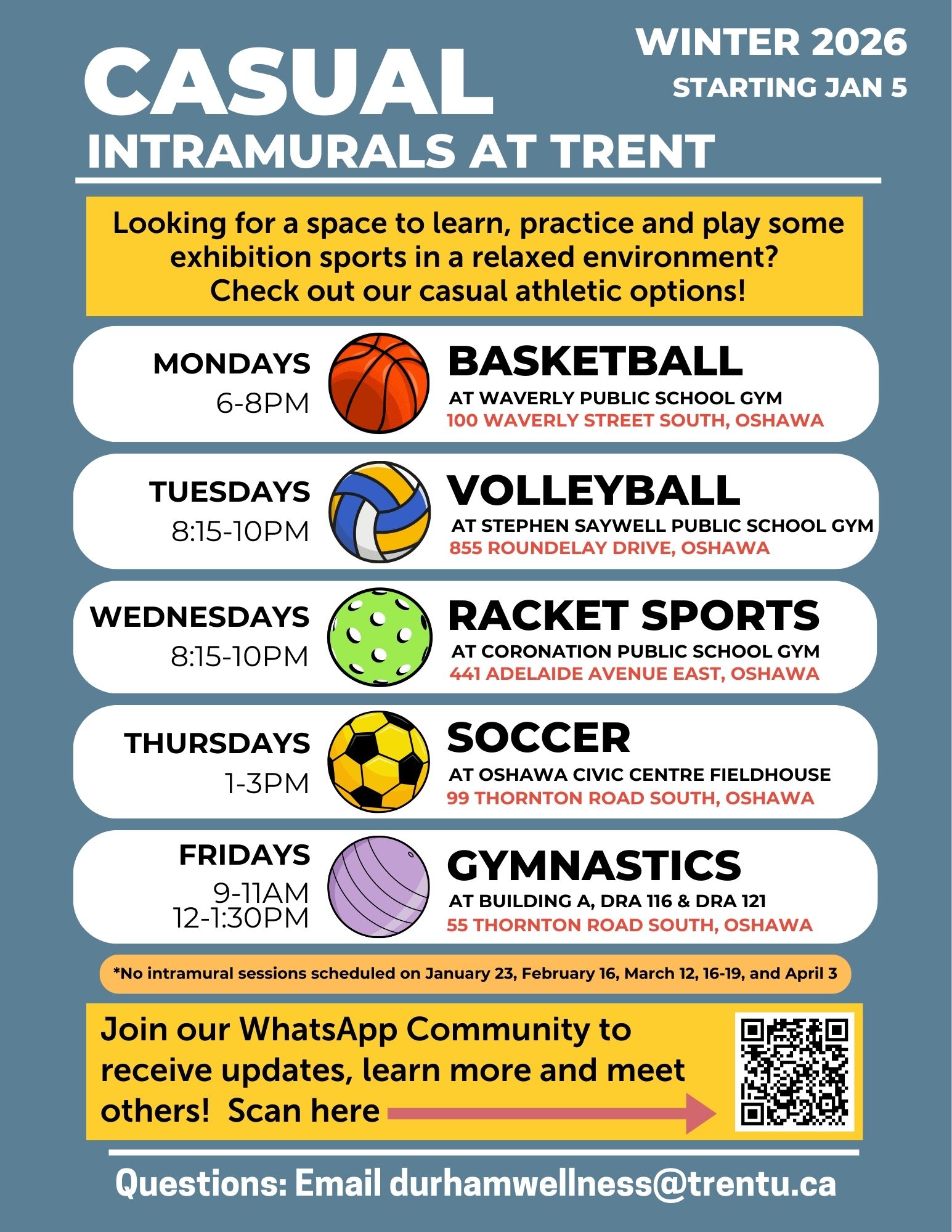 Trent University Durham GTA Intramural Sports Schedule for Winter Semester 2026