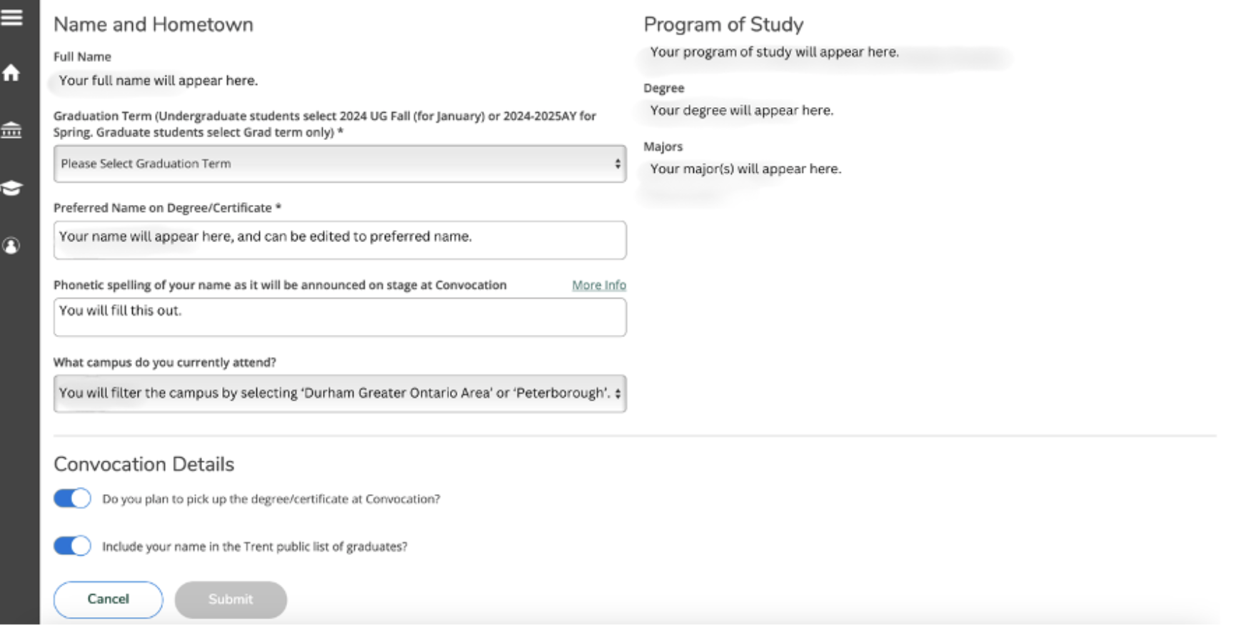 A screenshot of the Academics portal