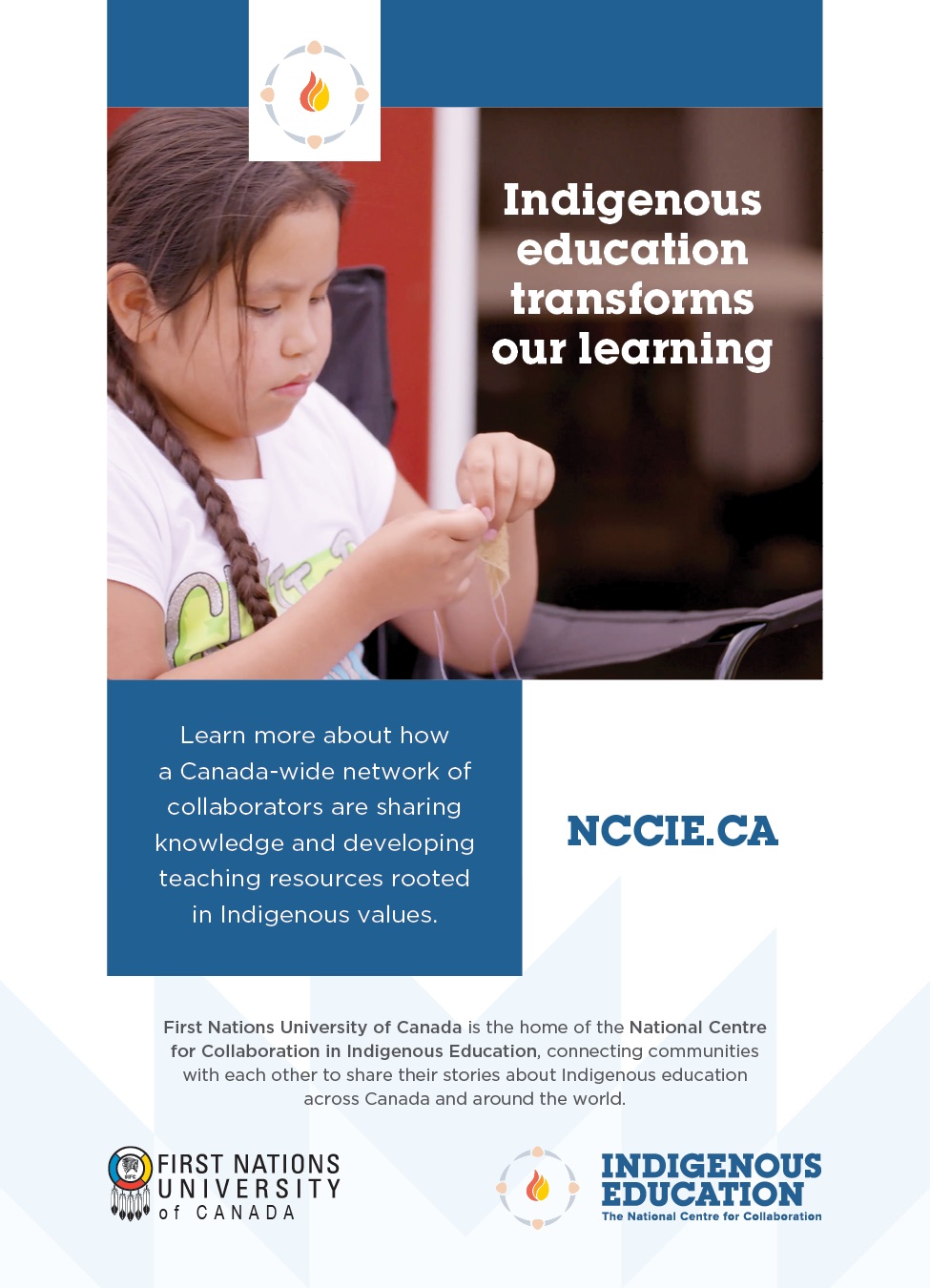poster image with indigenous student sewing