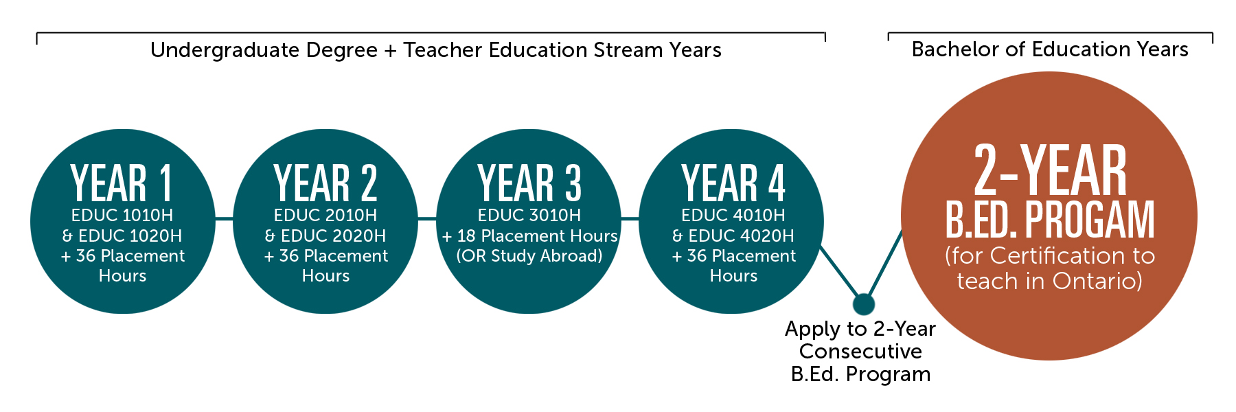 timeline graphic of 4 undergraduate plus teacher education stream years then apply to 2 year B Ed degree
