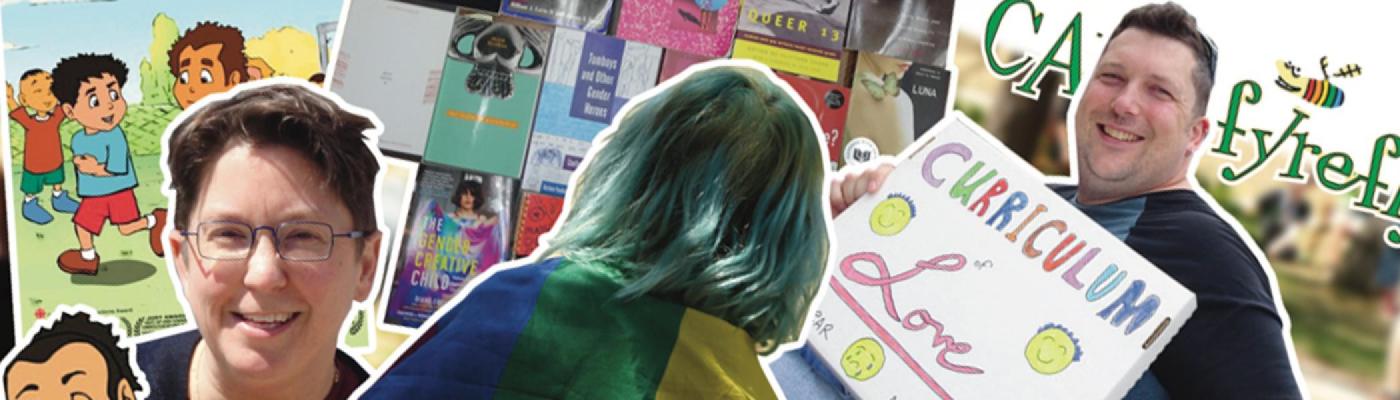 collages of books and faces