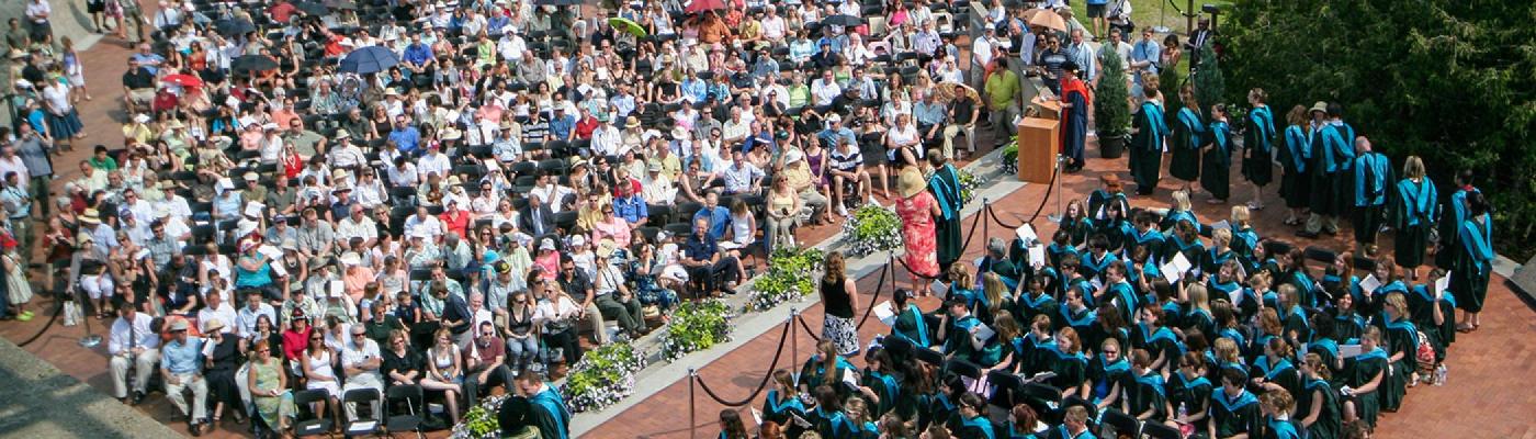 Aerial view of the Teacher Education class outside on the Bata library podium on a bright summer's morning