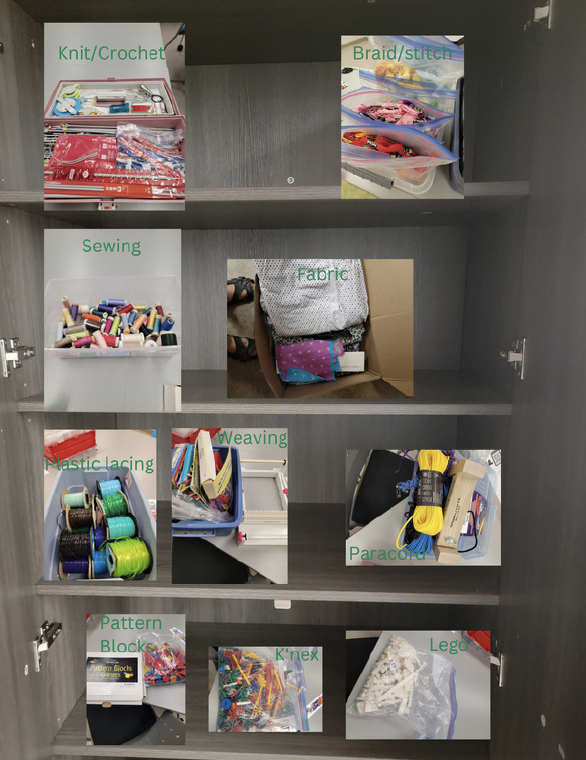 Items inside cupboard of coding materials