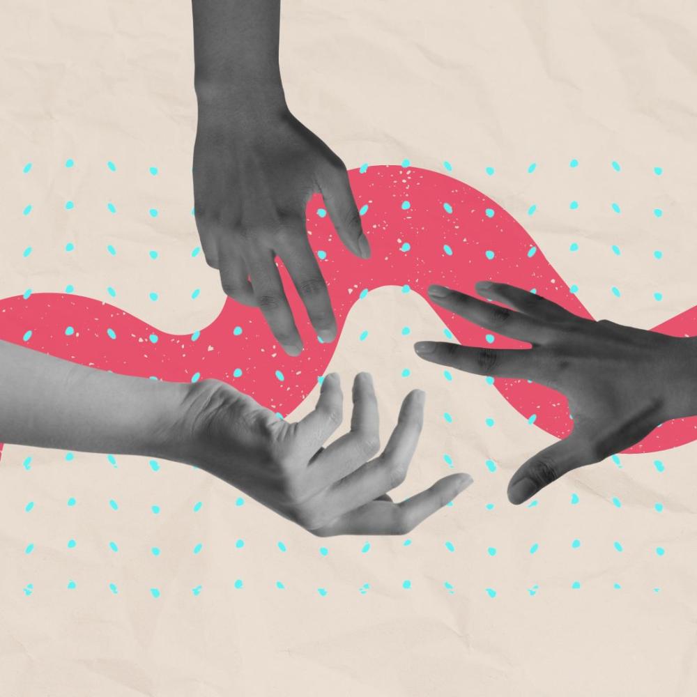 A white background and a pink wavy line down the middle, with three hands reaching to the centre