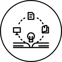 An open book with a monitor, pages, and a lightbulb above it