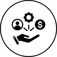 An outstretched hand holding a gear, a person, and a money symbol