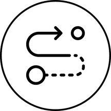 A dotted line turning into a solid arrow as it moves from one circle to another