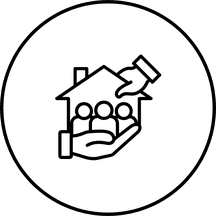 Three generic people standing on an outstretched hand in front of a house