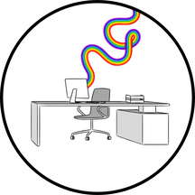 Grey desk with a computer on it, with a rainbow coming out of the laptop screen