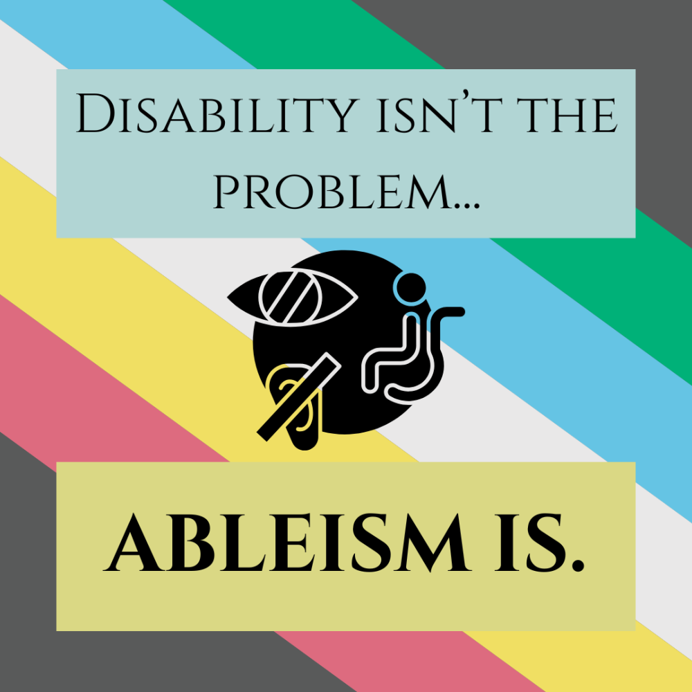Title with the disability pride colours in the background, and a circle with a crossed out eye, crossed out ear, and a person in a wheelchair.
