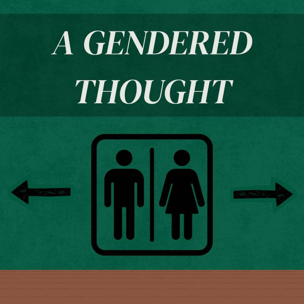 Title over a washroom sign for women and men, with the text over a green background meant to look like a wall, with a brown floor beneath it.