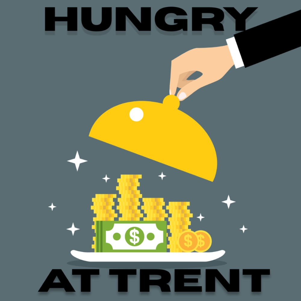 Dark grey background with a hand from off the screen lifting a golden cover to reveal a plate of money. Title in black both above and below the plate and hand.