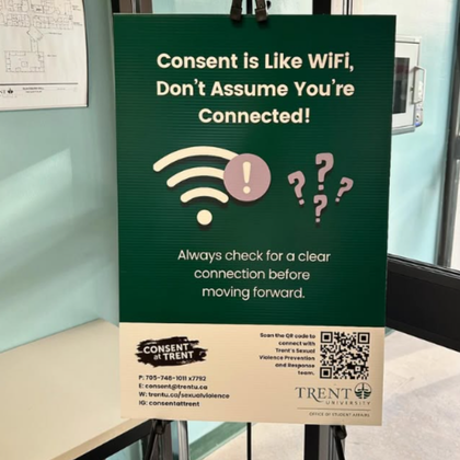 A poster comparing consent to a Wi‑Fi connection, featuring a Wi‑Fi symbol and the message, “Consent is Like WiFi, Don’t Assume You’re Connected!” alongside a reminder to always check for clear consent before moving forward.