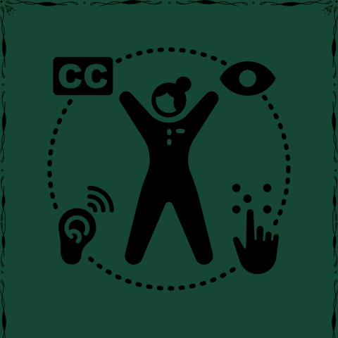 Person with four icons surrounding them: Sign for closed captions, an eye, brail, and an ear