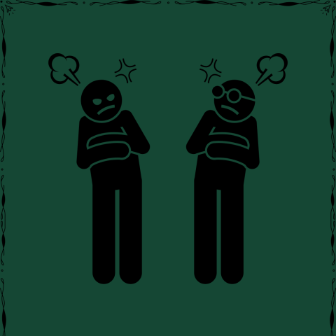 Two people leaning away from each other with their arms crossed and angry expressions