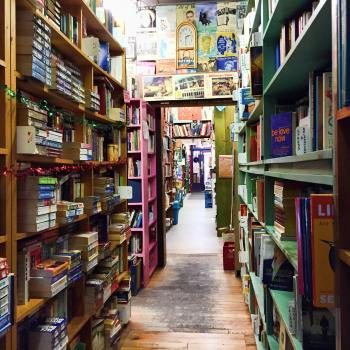 long, narrow library book stacks