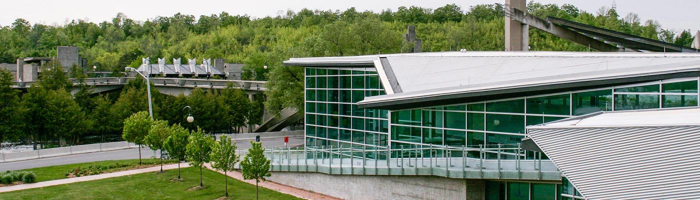 Exterior view of the chemistry building across the Otonabee river