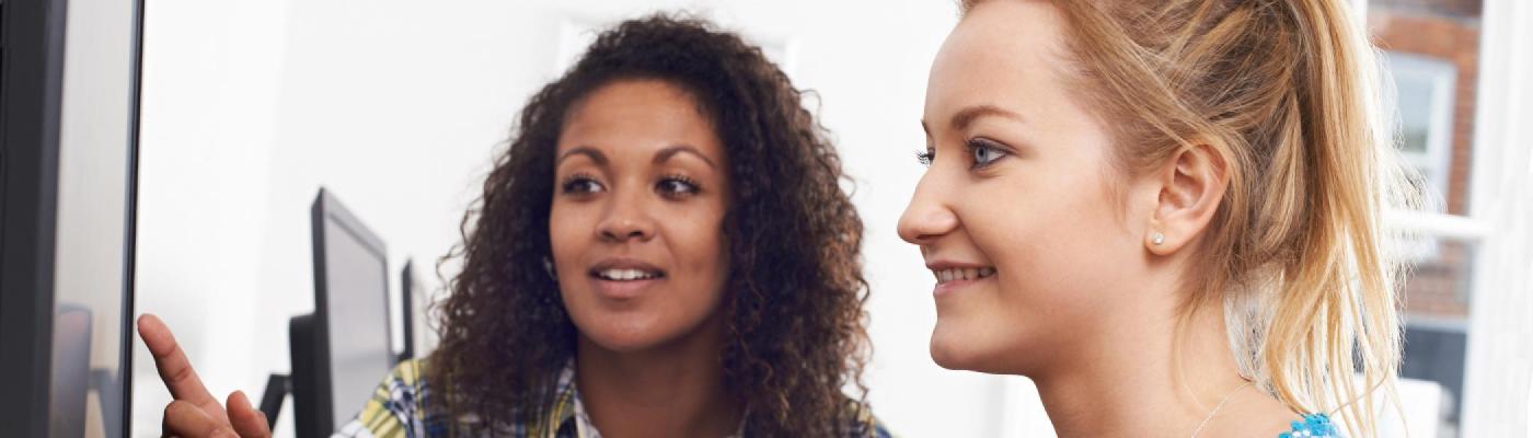 two students selecting courses for trent's forensic science program