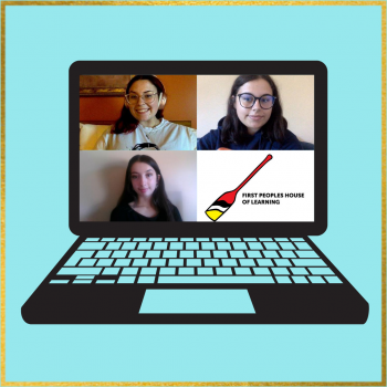 3 Ishkodehwin Mentors and the FPHL logo on a laptop screen 