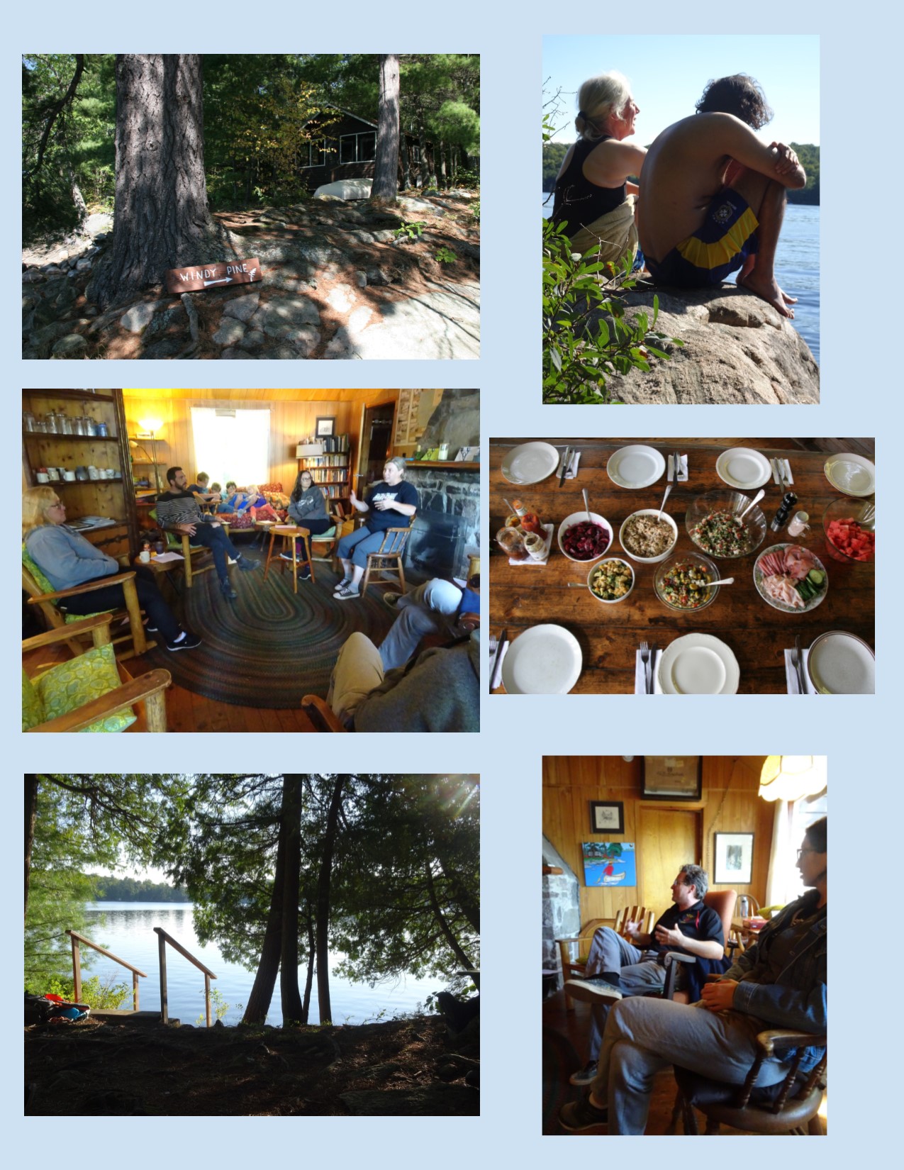 documents of food, people gathered, trees and water from 2018 retreat at Windy Pine