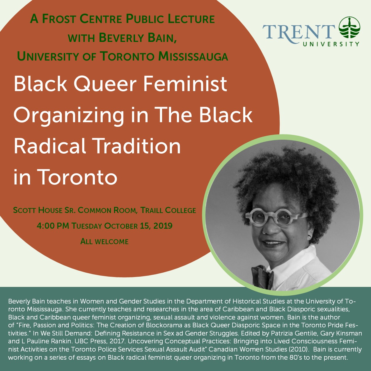"Black Queer Feminist Organizing in the Black Radical Tradition in Toronto" with Beverly Bain 15 October 2019