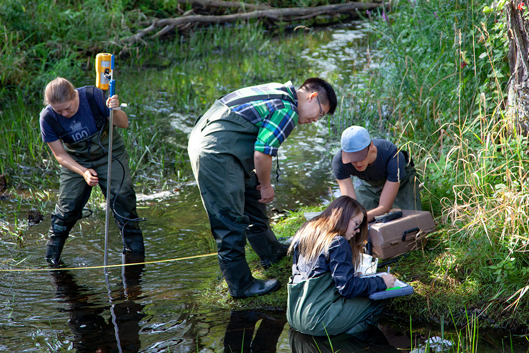 Students in river taking samples