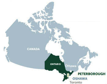 map of ontario with Peterborough and Oshawa pointed out