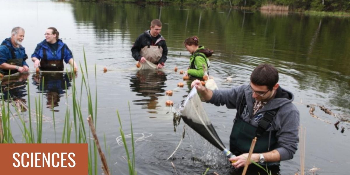 A group of students studying wildlife in a lake with the word "Sciences" highlighted.
