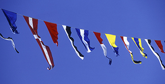Mulitple flags from various nations flapping in the wind attached to a string