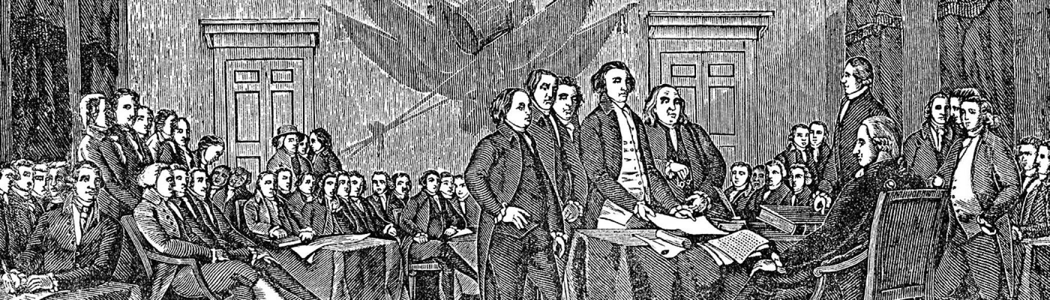A black and white sketch of some officeres in uniform sitting in a large boardroom style room in the 1700's