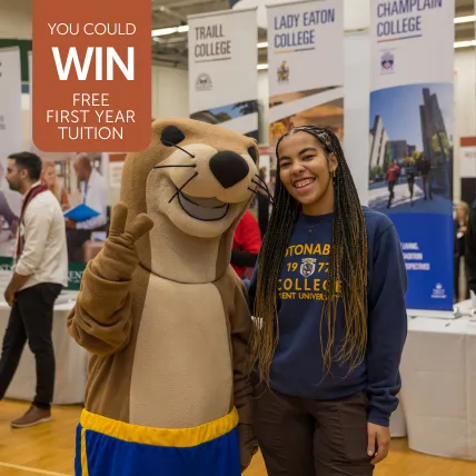 Photo of Otter Mascot with text to win free tuition by registering at open house