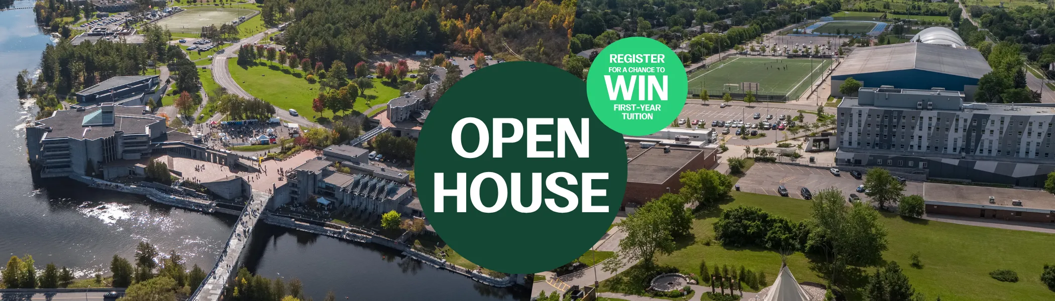 An aerial view of campus with the text open house overlaid