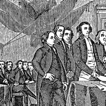 A black and white sketch of some officeres in uniform sitting in a large boardroom style room in the 1700's