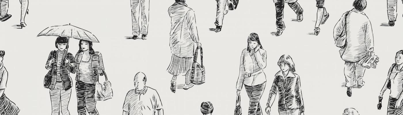 A sketch of multiple different people walking with a white background