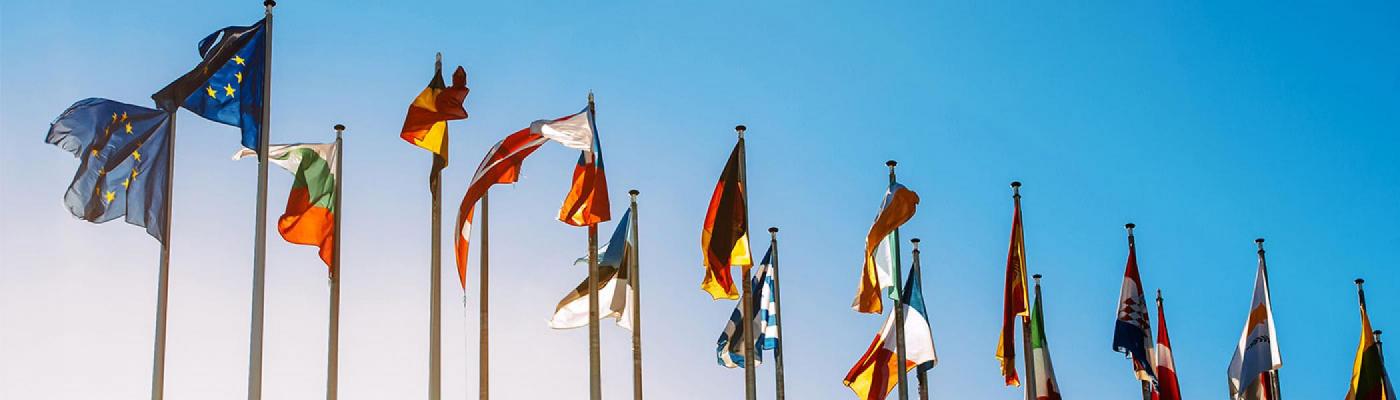 Flags representing various companies up against a blue sky.