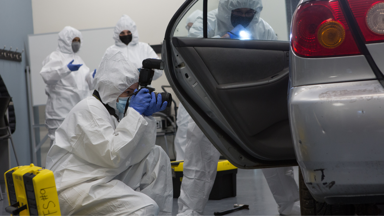 students in forensic lab