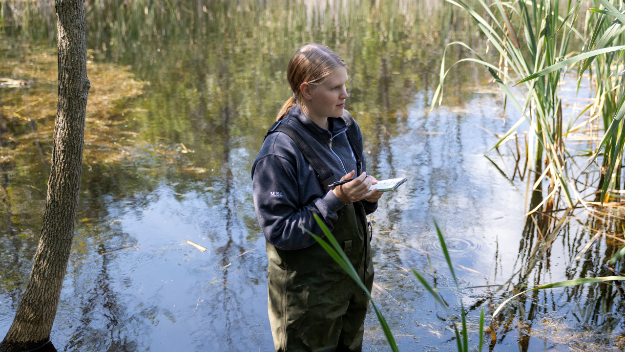 student researching in a pond