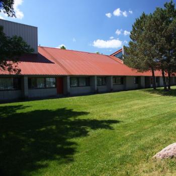 Back of Otonabee College showcasing the grounds behind the building and its red roof